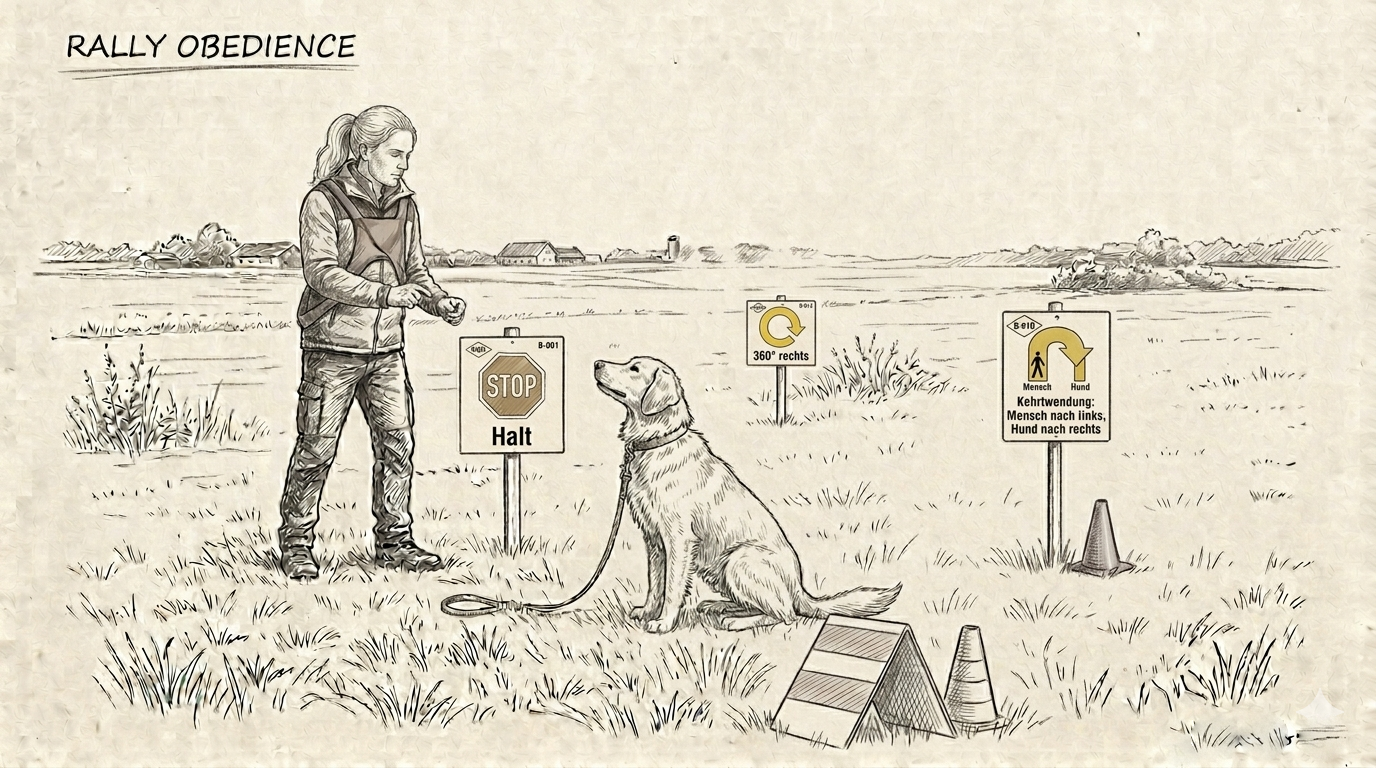 Rally Obedience: Hund sitzt vor einem Halt-Schild